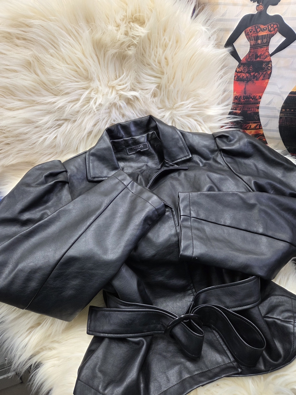 Source Unknown Black Faux Leather Belted Jacket